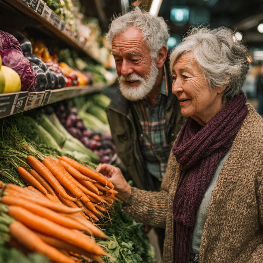 Persoană în vârstă zâmbitoare cu fructe și legume